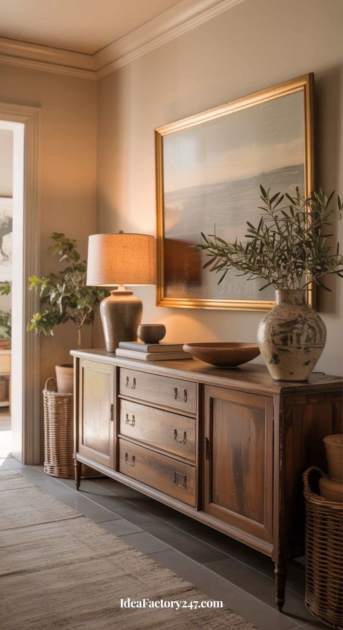 A cozy entryway features a wooden sideboard with drawers, a table lamp, pottery with green plants, a large framed landscape painting, and woven baskets, creating a warm and inviting atmosphere.