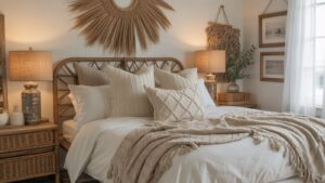 A cozy bedroom with a rattan headboard, neutral-toned bedding, textured pillows and throw, two bedside tables with lamps, woven wall decor, framed art, and soft natural light from a window.
