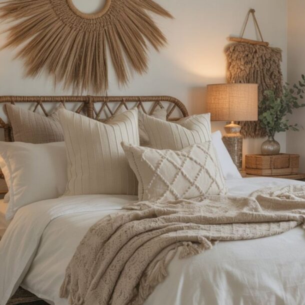 A cozy bedroom with a rattan headboard, neutral-toned bedding, textured pillows and throw, two bedside tables with lamps, woven wall decor, framed art, and soft natural light from a window.