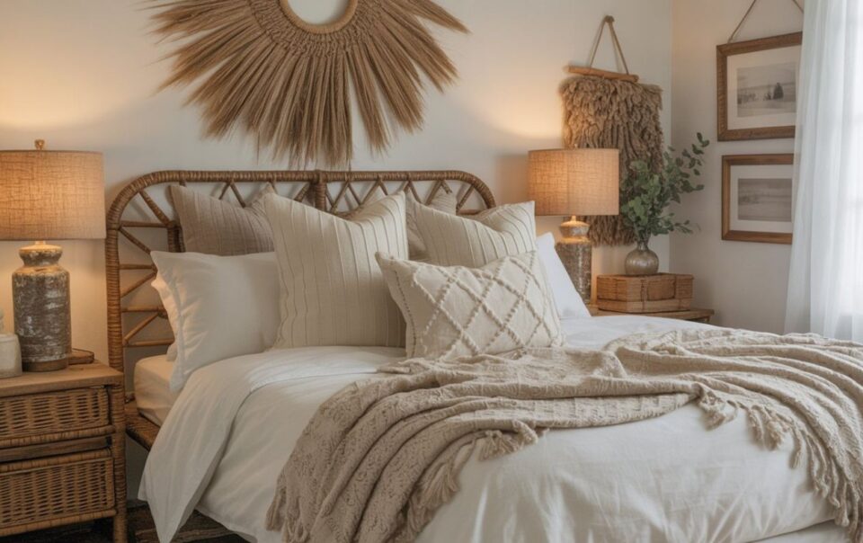 A cozy bedroom with a rattan headboard, neutral-toned bedding, textured pillows and throw, two bedside tables with lamps, woven wall decor, framed art, and soft natural light from a window.