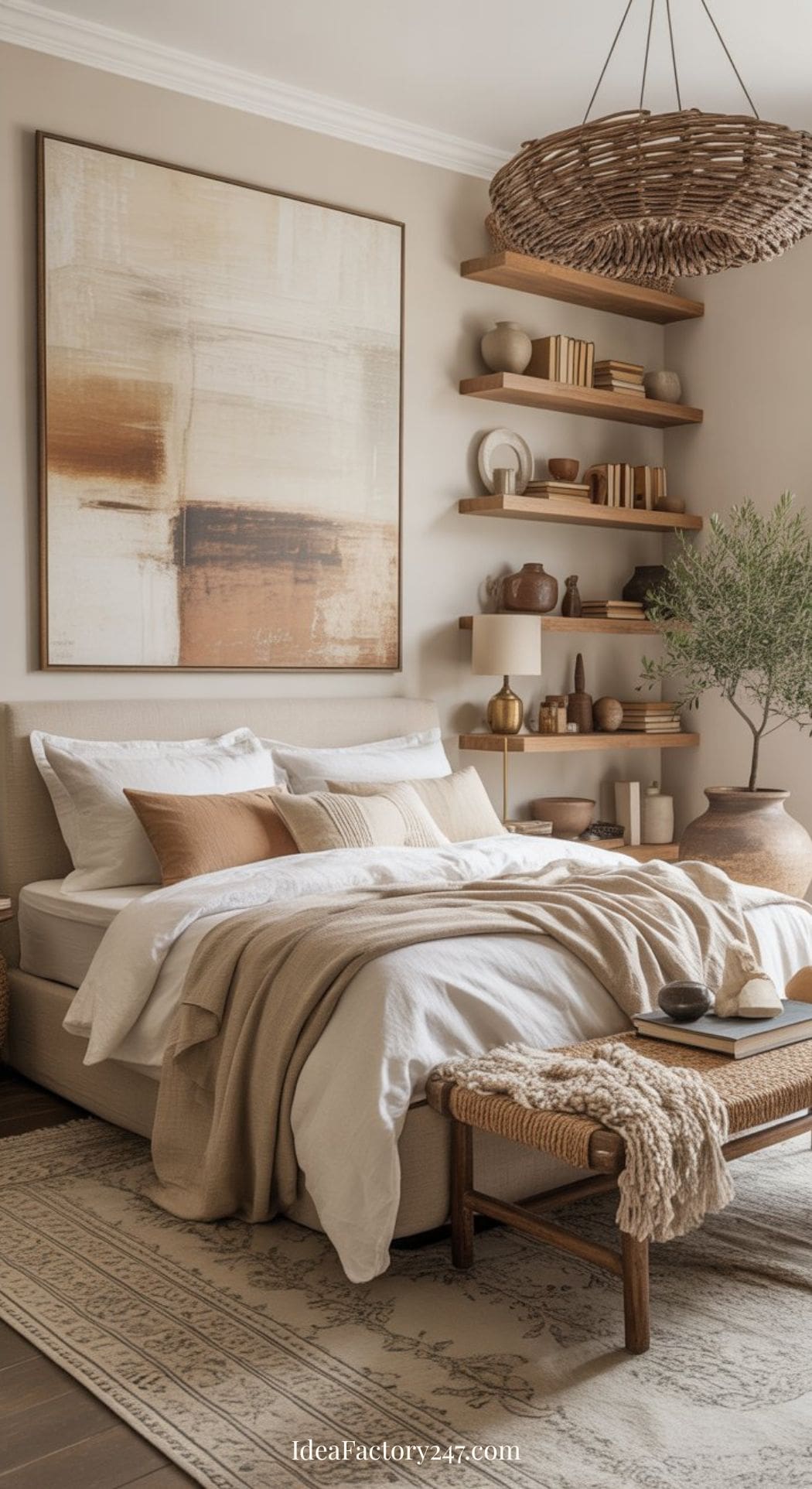 A cozy, neutral boho bedroom with modern touches, layered bedding, a woven bench, open shelves with books and vases, a large abstract painting above the bed, and a potted plant in the corner.