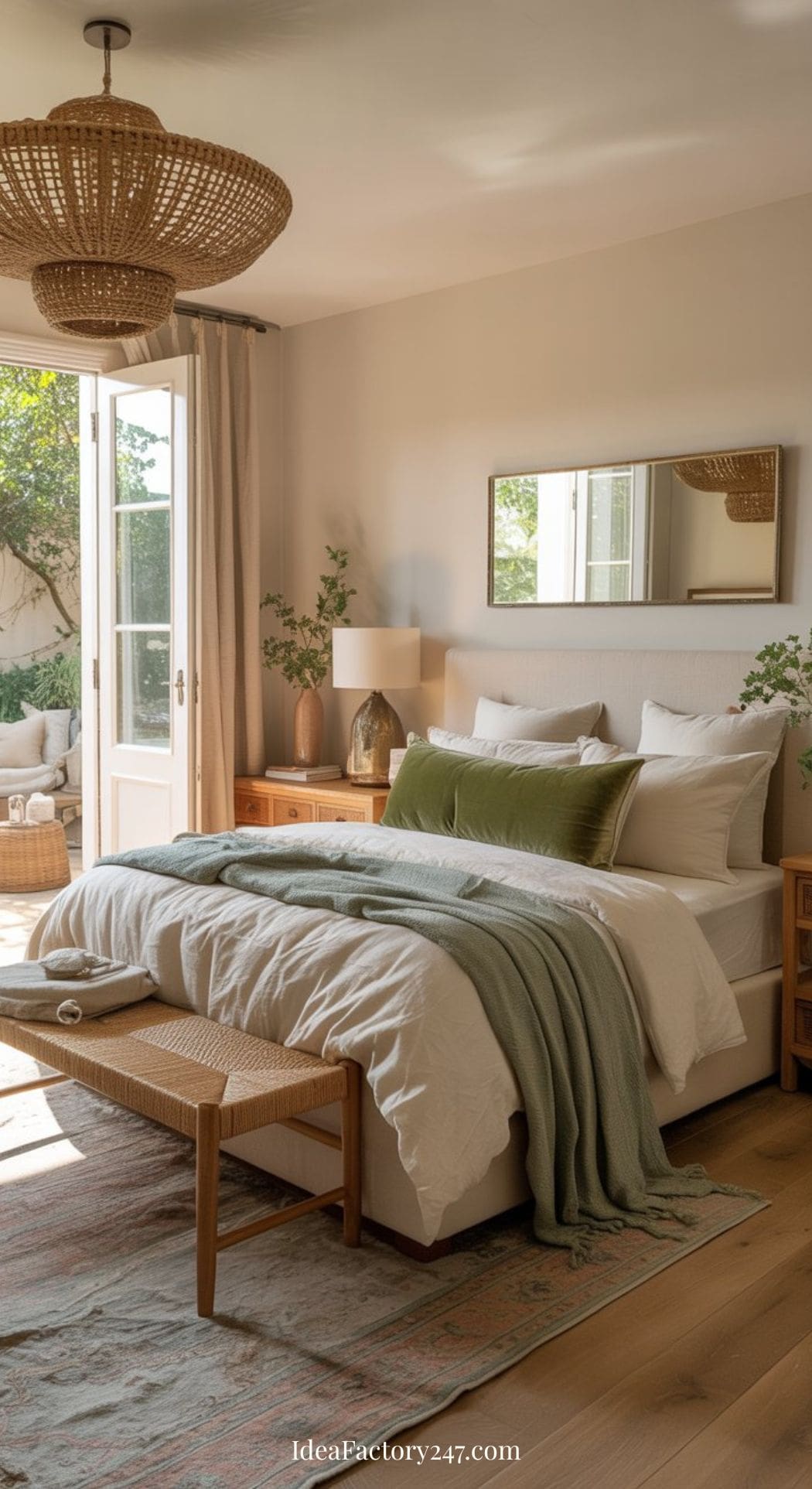 A cozy, sunlit neutral boho bedroom with a neatly made bed, green throw, and soft pillows. Wooden nightstands, a woven bench, plants, and a large mirror complement glass doors leading to a patio with outdoor seating and greenery.
