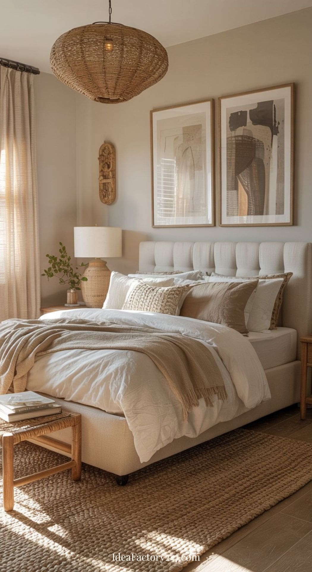 A cozy neutral boho bedroom with a beige upholstered bed, layered bedding, a woven rug, and wooden bench. Framed abstract art hangs above the bed as natural light streams in, highlighting earthy decor and a wicker pendant light.
