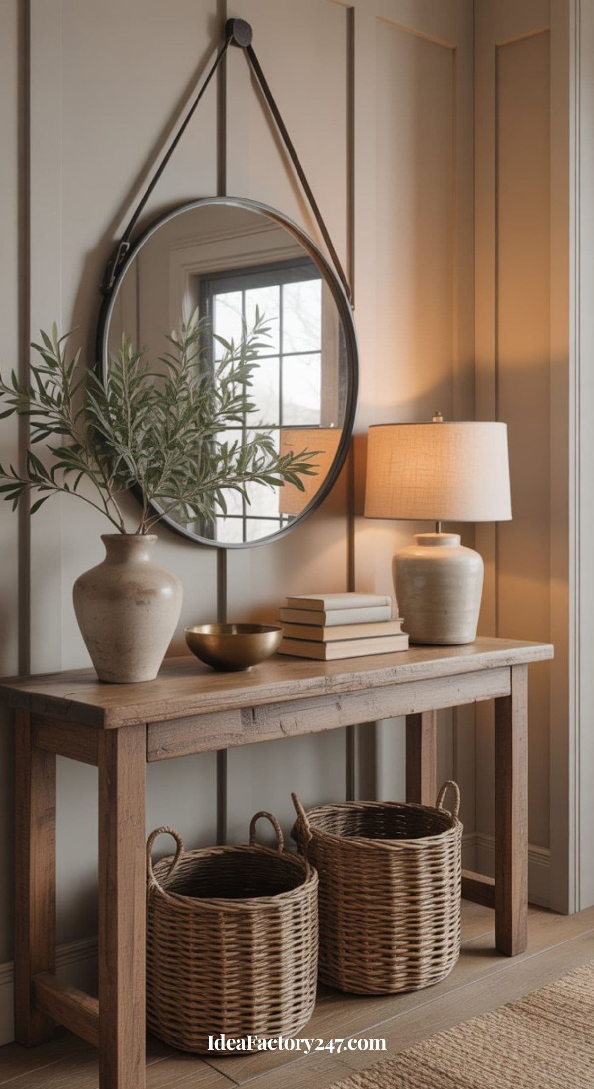 A wooden console table with two woven baskets underneath, a ceramic vase with greenery, stacked books, a bowl, and a lamp on top. A round mirror hangs above, reflecting a window. Neutral, cozy decor.