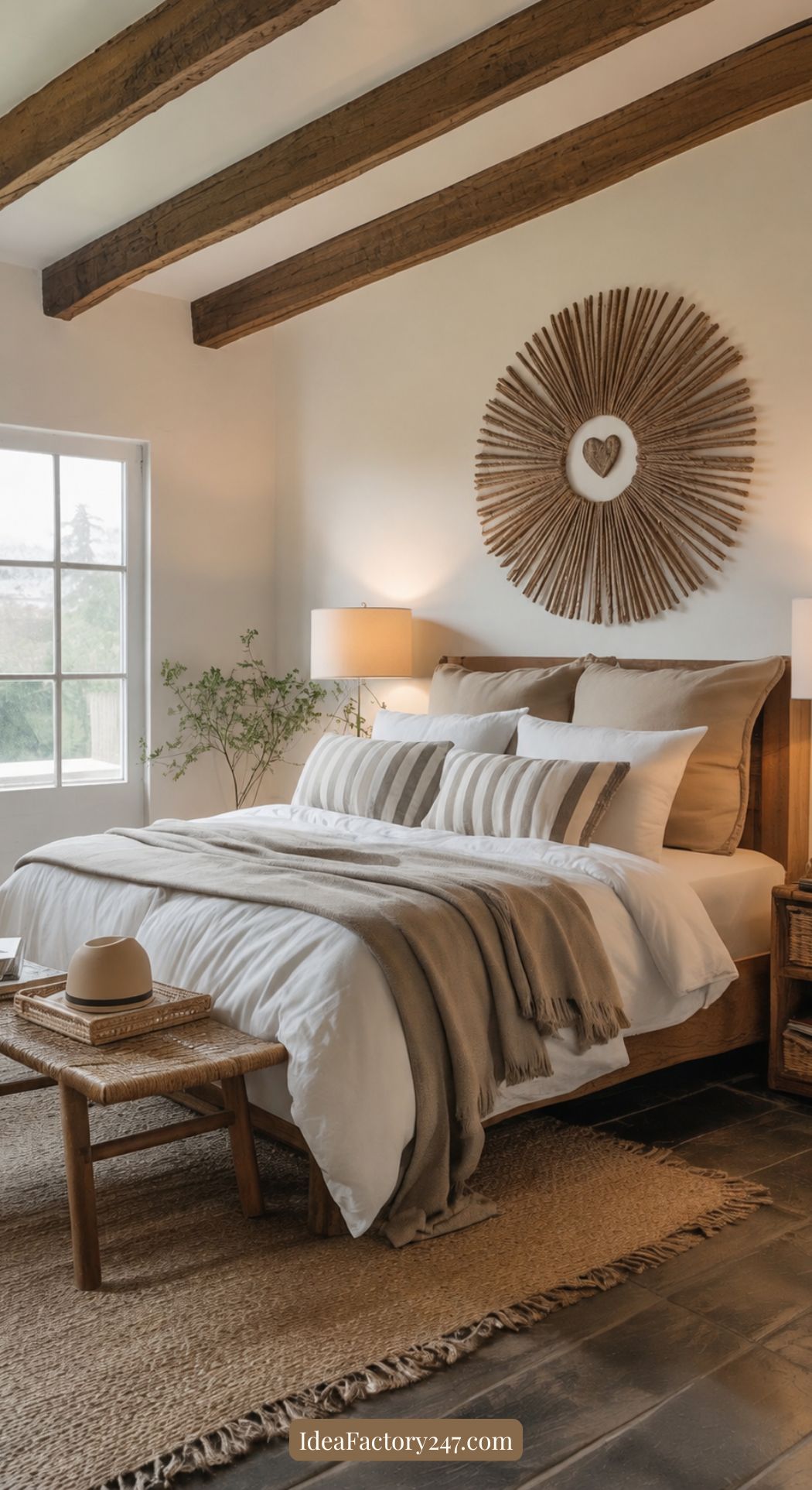 Cozy bedroom with a wooden bed, white and beige bedding, throw blanket, two bedside tables with lamps, a sunburst wall decor above the bed, wooden beams on the ceiling, and a window letting in natural light.