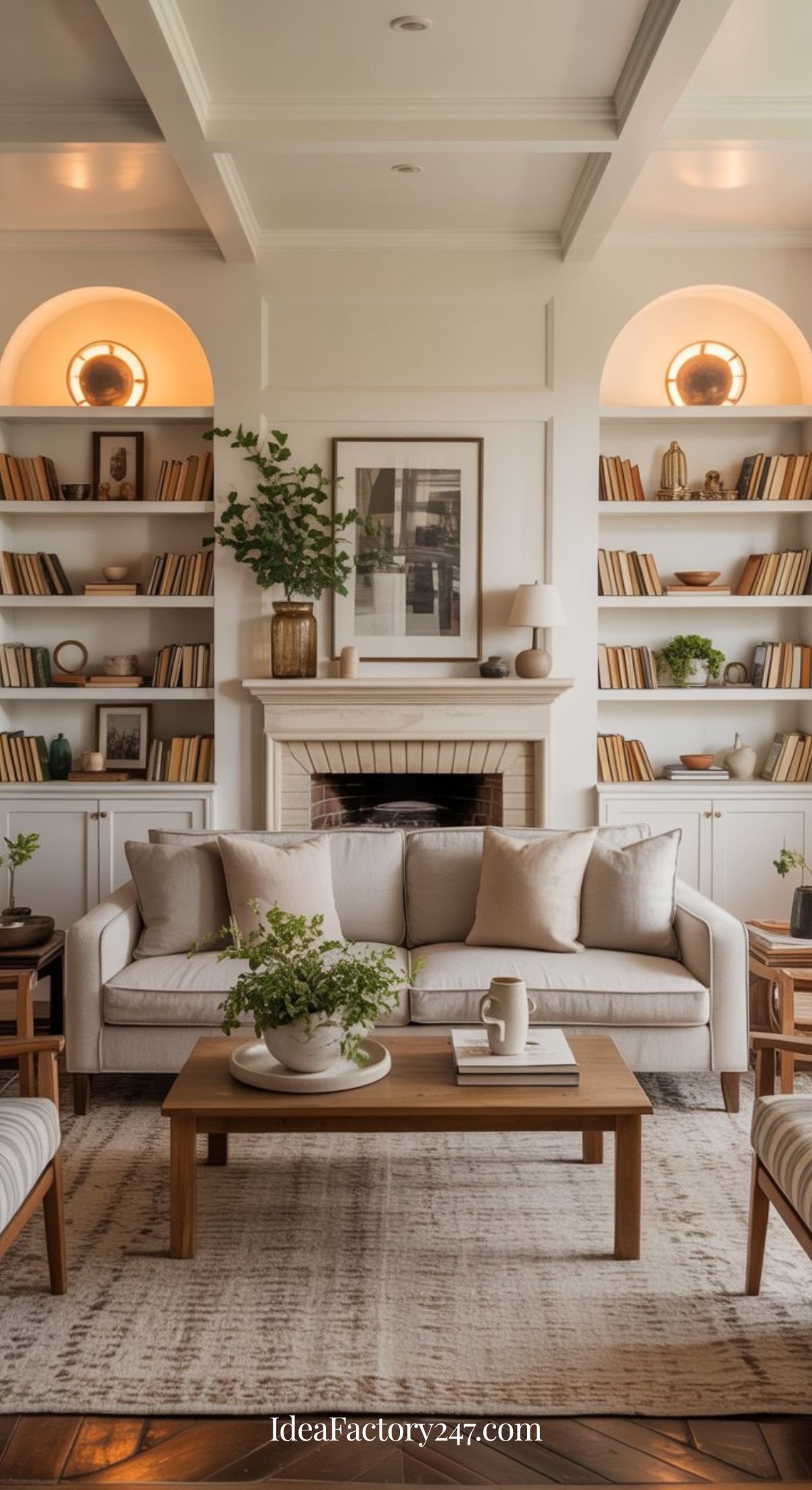 A cozy, modern living room with a beige sofa, wooden coffee table, and potted plants. Built-in bookshelves surround a fireplace, with books neatly arranged and warm lighting creating an inviting atmosphere.
