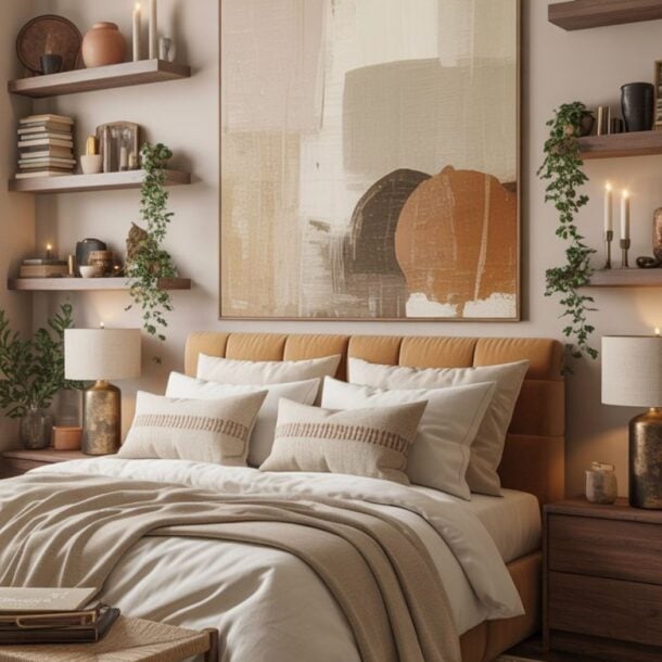 A cozy neutral boho bedroom with a tan upholstered bed, wooden nightstands, candles, lush plants, bookshelves, and a large abstract art piece above the bed. Warm lighting completes the relaxing atmosphere.