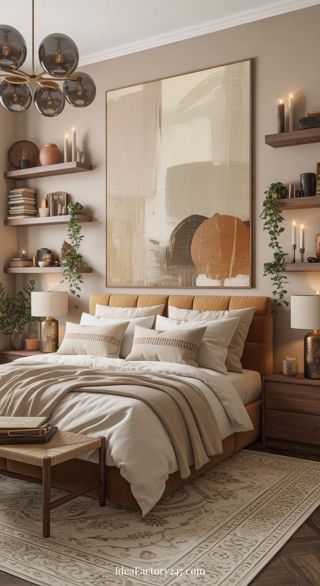 A cozy neutral boho bedroom with a tan upholstered bed, wooden nightstands, candles, lush plants, bookshelves, and a large abstract art piece above the bed. Warm lighting completes the relaxing atmosphere.