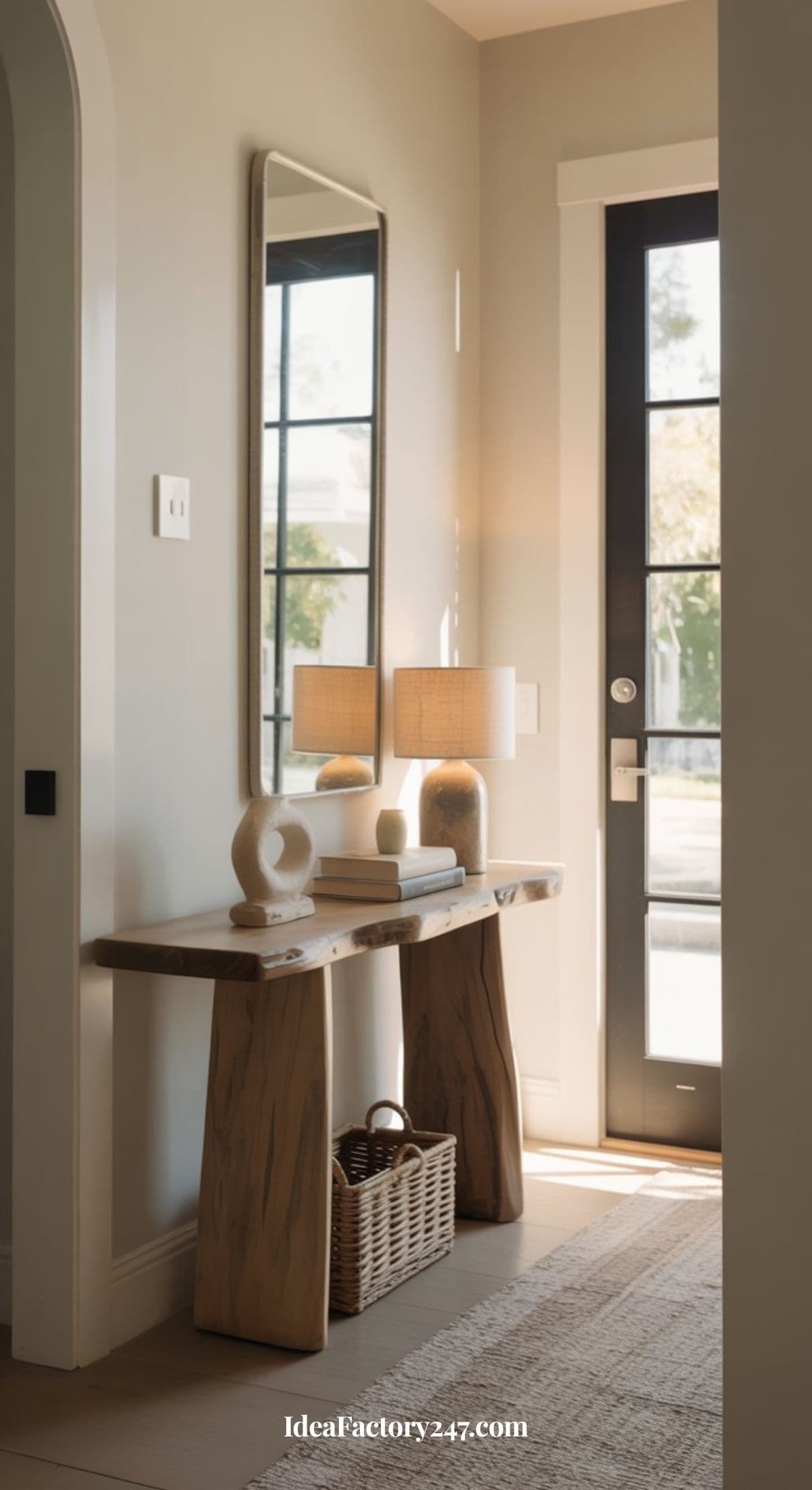 A wooden console table with decor, books, a lamp, and a mirror above sits by a front door with glass panels. A woven basket is beneath the table, and sunlight streams into the cozy, modern entryway.