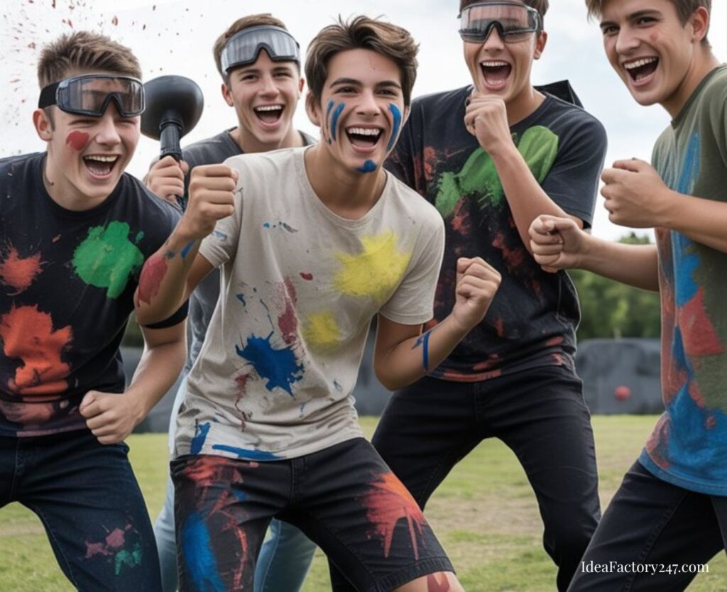 Five smiling teenage boys in paint-splattered clothes and goggles celebrate outdoors after a paintball game—an exciting choice for 18th birthday party ideas for boys—surrounded by grass and trees.