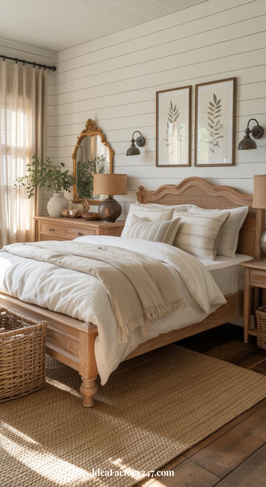 A cozy bedroom with a wooden bed frame, white bedding, woven rug, wicker basket, and bedside tables. Decor includes framed botanical prints, a gold mirror, potted plants, and neutral tones throughout the room.