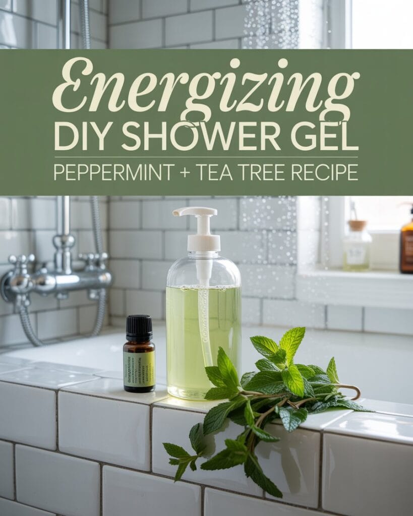 A bottle of green shower gel with a pump sits on a white tile bathtub ledge next to a small essential oil bottle and fresh mint sprigs. Text reads: Energizing DIY Shower Gel: Peppermint + Tea Tree Recipe.