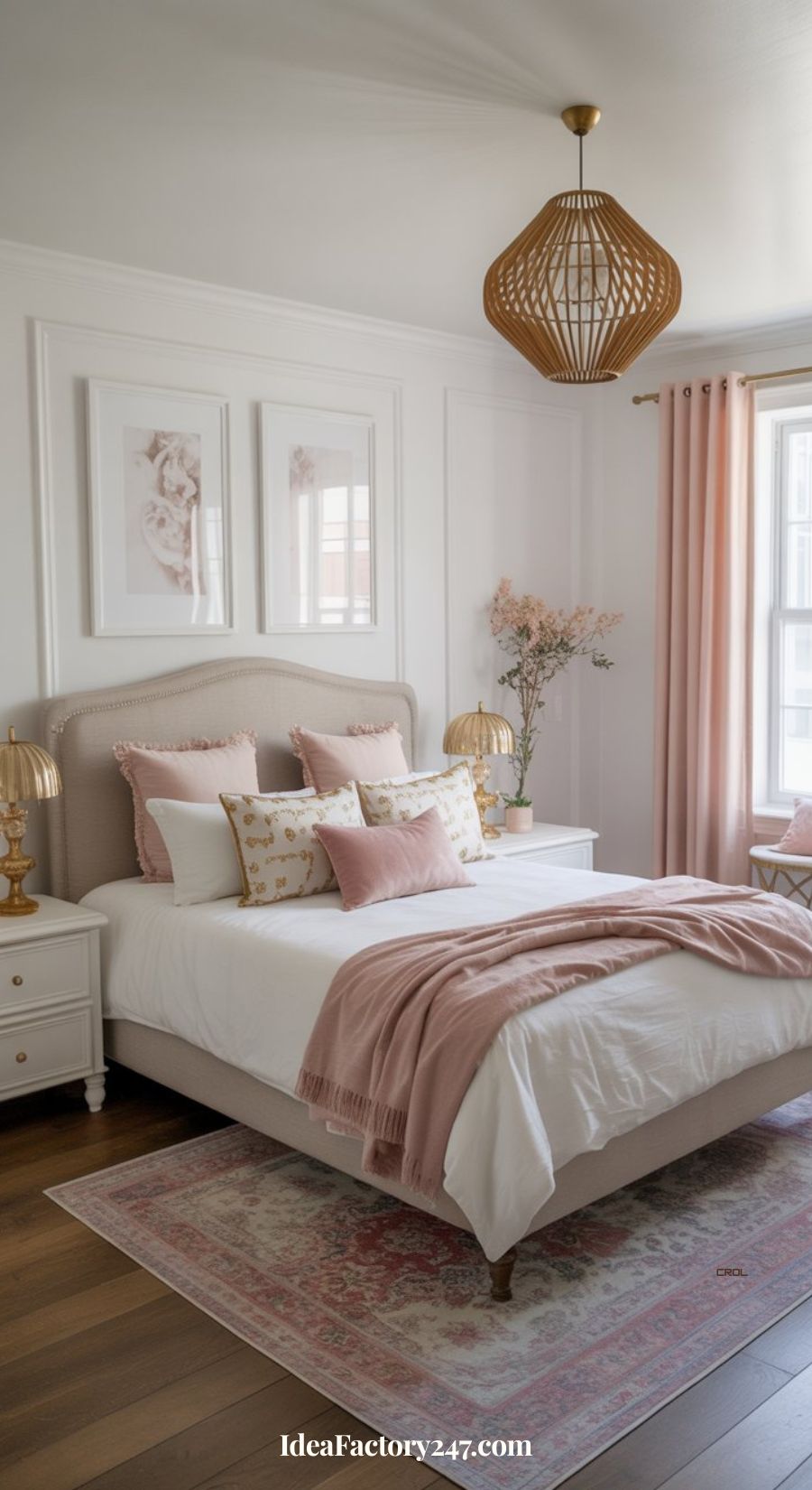 A cozy bedroom with a beige upholstered bed, pink and white bedding, gold lamps, blush curtains, floral wall art, and a woven light fixture, featuring warm wood floors and a patterned rug.