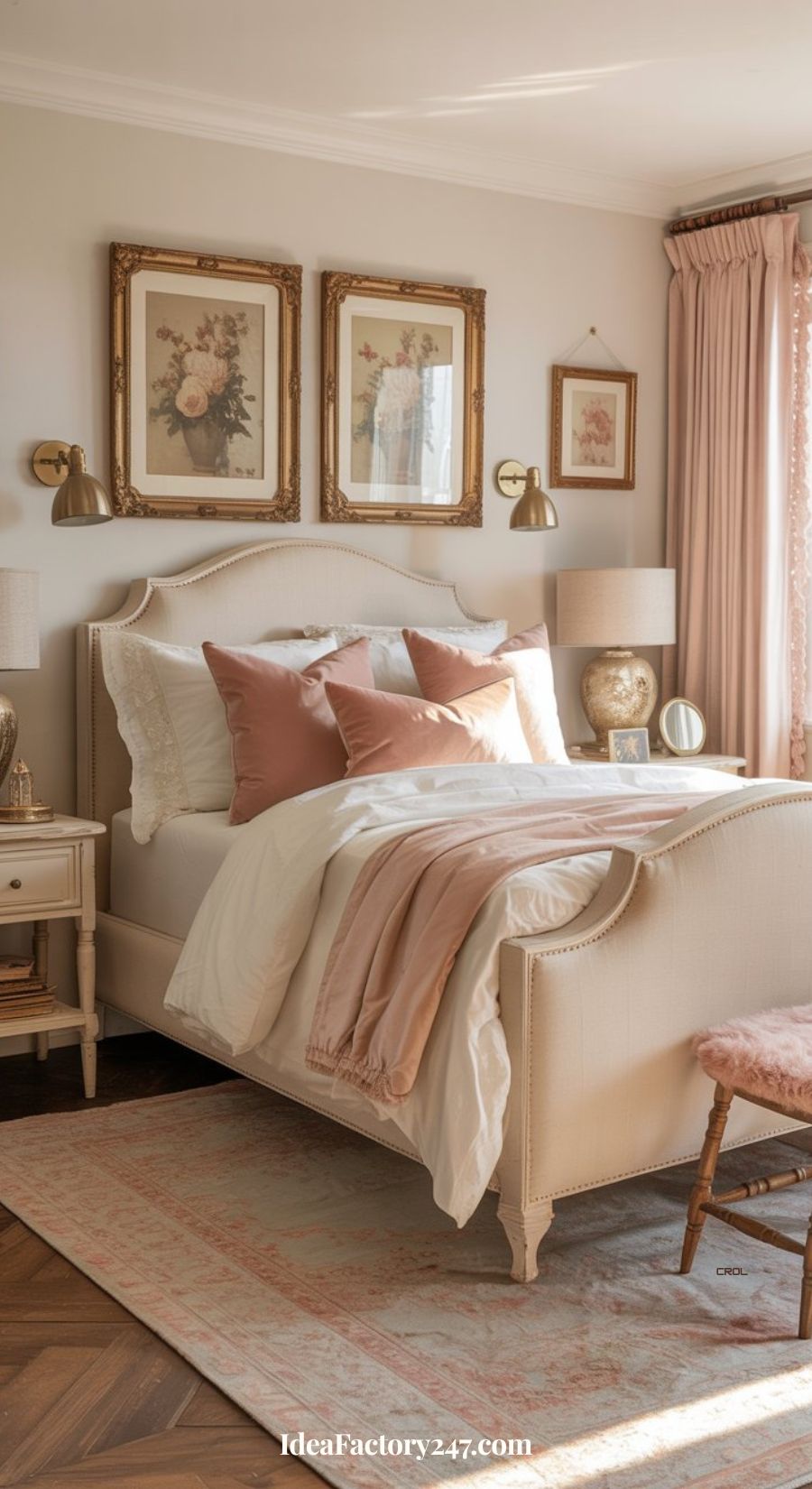 Elegant bedroom with a light upholstered bed, blush pink and cream bedding, vintage floral art above the headboard, gold wall sconces, classic nightstands, and soft pink accents in a bright, airy setting.
