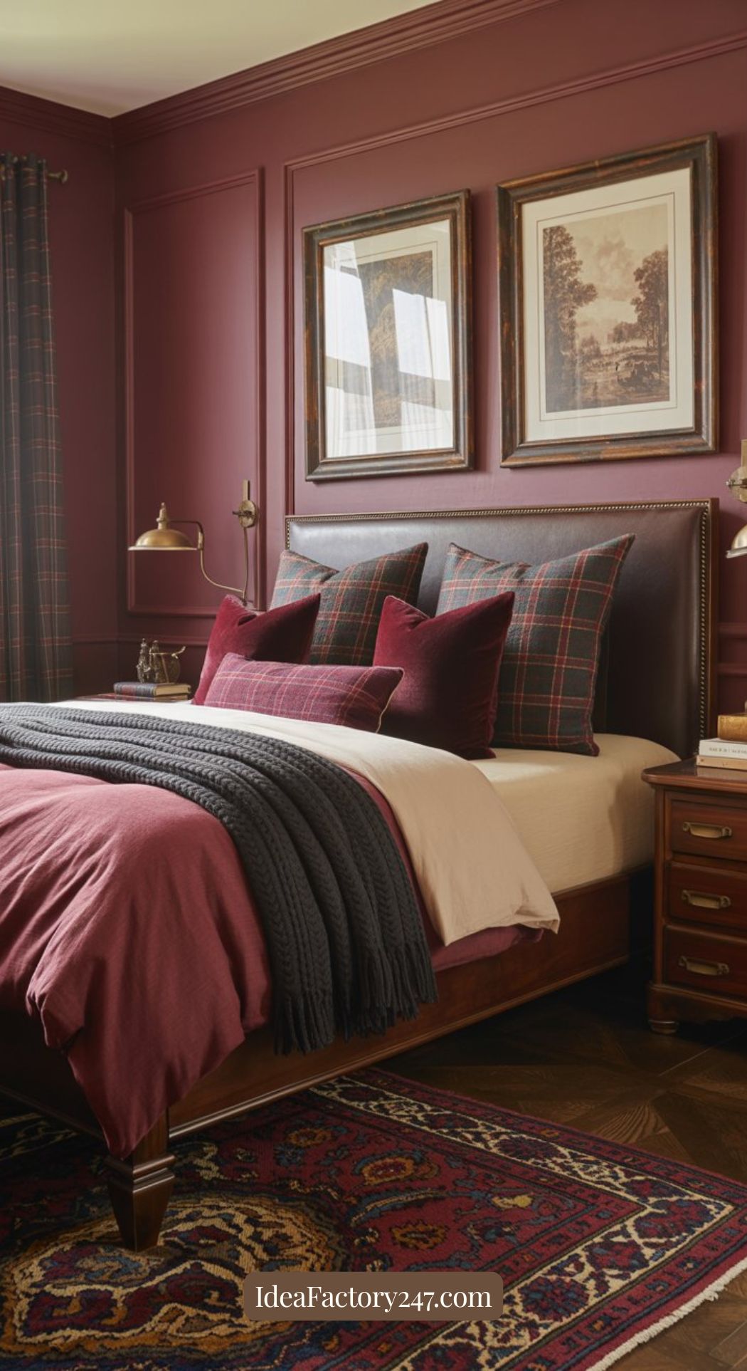 A cozy bedroom with maroon walls, a dark wood bed with plaid and velvet pillows, a textured gray blanket, classic wood nightstands, framed art, and a patterned rug. Warm lighting creates an inviting atmosphere.