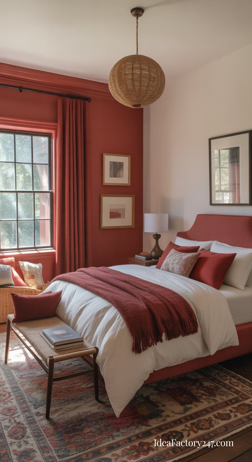 A cozy bedroom with red walls, a red upholstered bed, white bedding with red accents, a wicker bench, woven pendant light, framed art, large window with red curtains, and a patterned rug. Sunlight streams in.