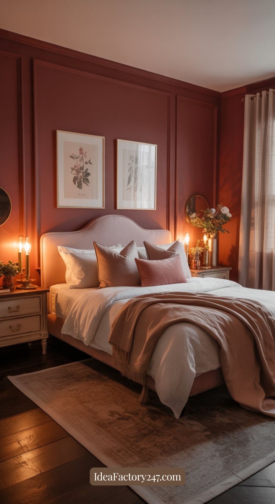 A cozy bedroom with deep red walls, a bed with white and blush pink bedding, soft lighting from bedside lamps, floral artwork above the headboard, and fresh flowers on nightstands, creating a warm, inviting atmosphere.