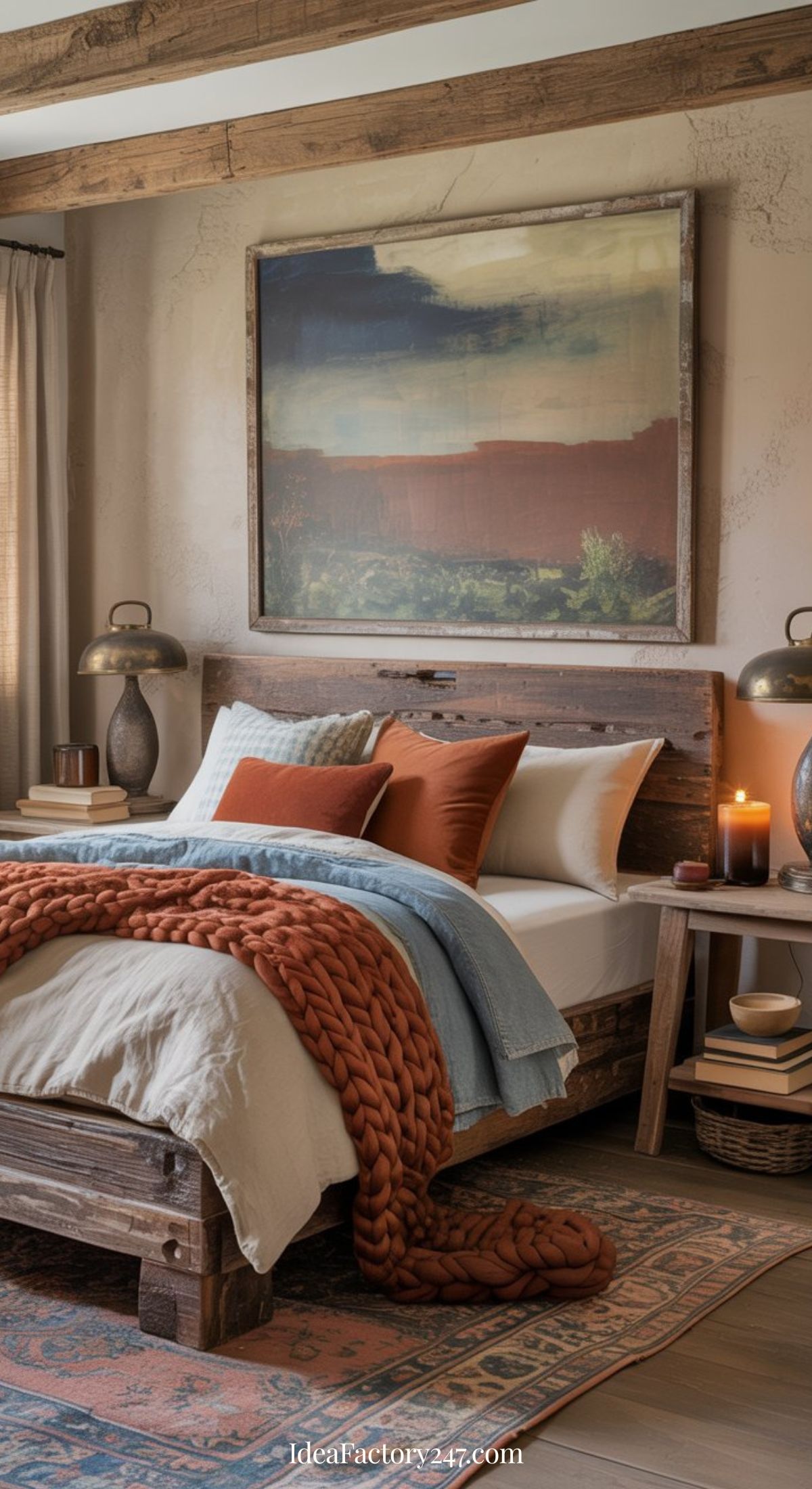 Cozy blue and terracotta bedroom with a rustic wooden bed, orange and blue bedding, chunky knit blanket, bedside tables with lamps, candles, and a large landscape painting above the bed. Warm, earthy tones create an inviting atmosphere.