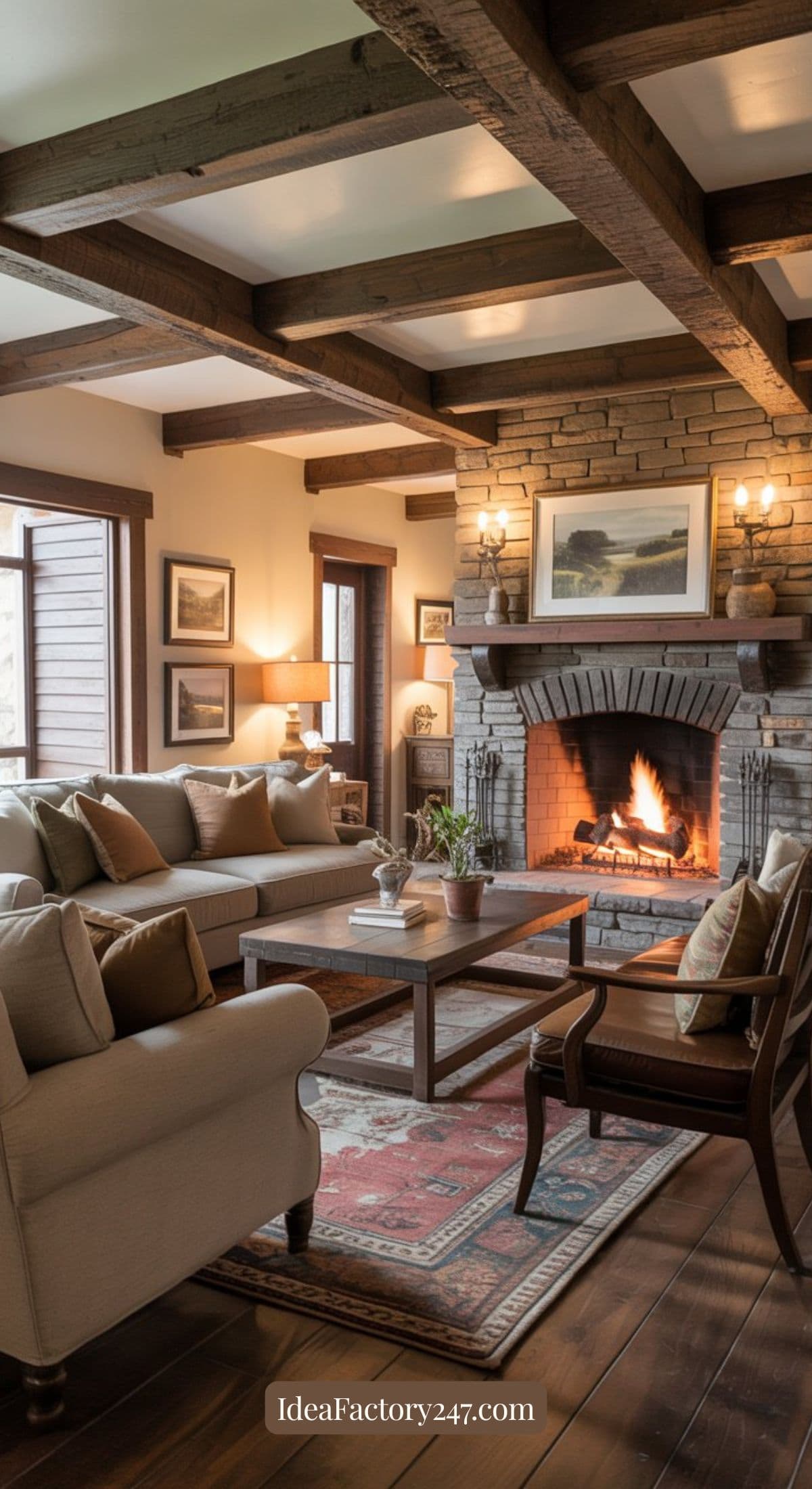 A cozy living room with wooden beams, a lit stone fireplace, sofas with beige cushions, a patterned rug, and framed artwork. Warm lighting creates an inviting atmosphere.