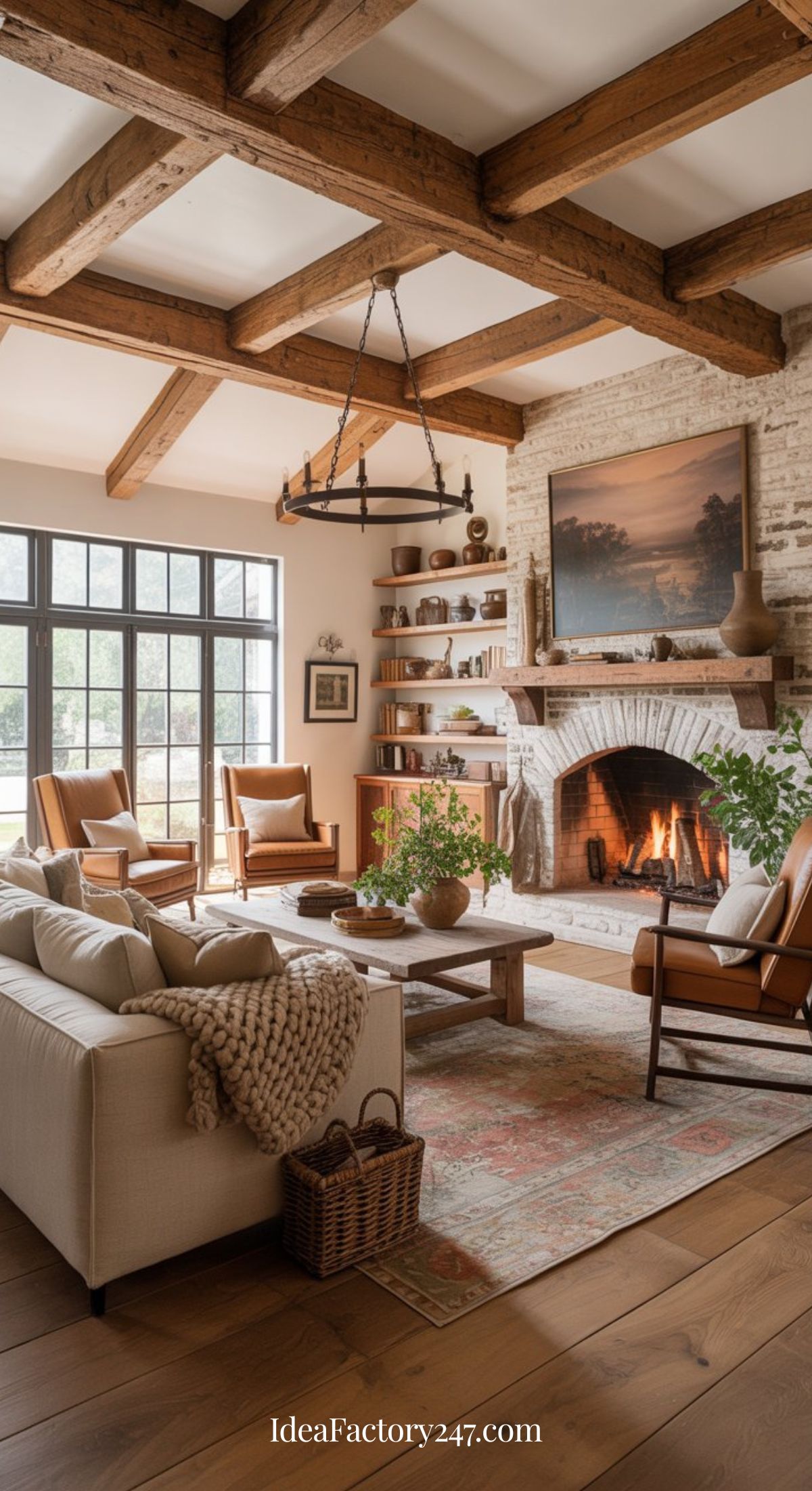 A cozy living room with exposed wooden beams, a large stone fireplace with a fire burning, comfortable seating, bookshelves, and a coffee table with plants. Sunlight streams in through large windows, creating a warm, inviting atmosphere.