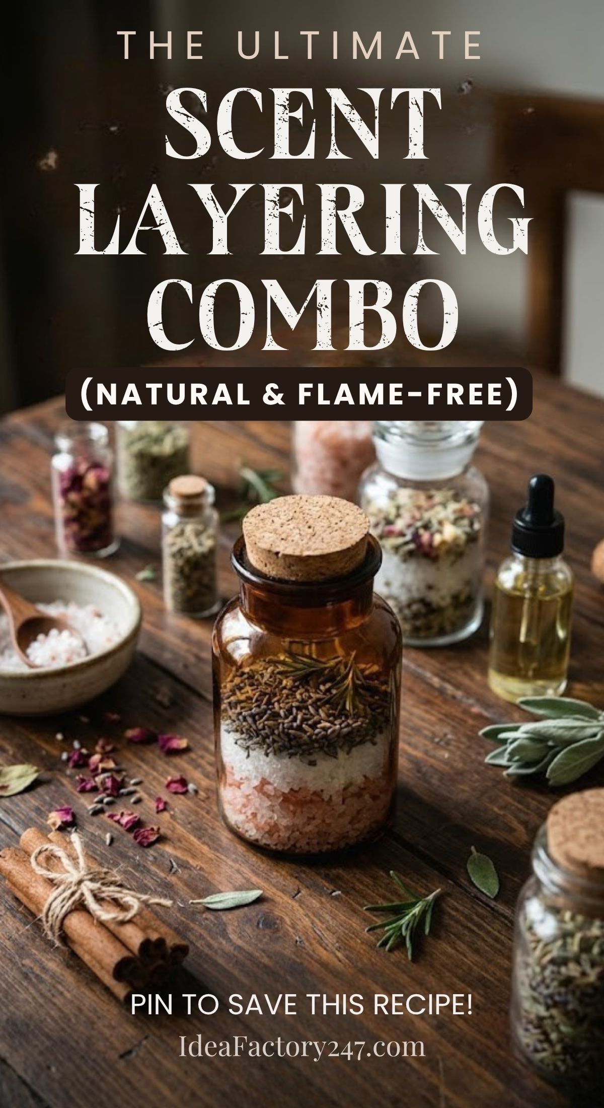 A rustic wooden table displays glass jars with corks, filled with dried herbs, flowers, and bath salts, surrounded by cinnamon sticks, green leaves, and a dropper bottle. Text overlays promote a natural, flame-free scent layering combo recipe.