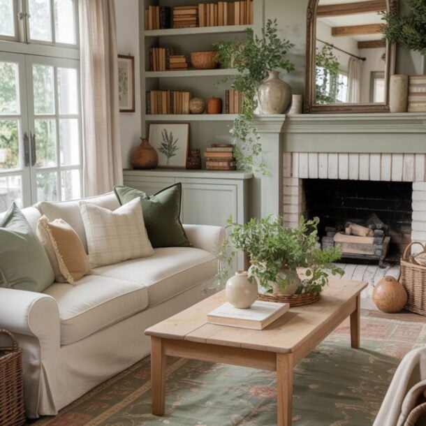 A cozy living room with a white sofa, wooden coffee table, green rug, fireplace, built-in shelves with books and decor, houseplants, and large windows letting in natural light.