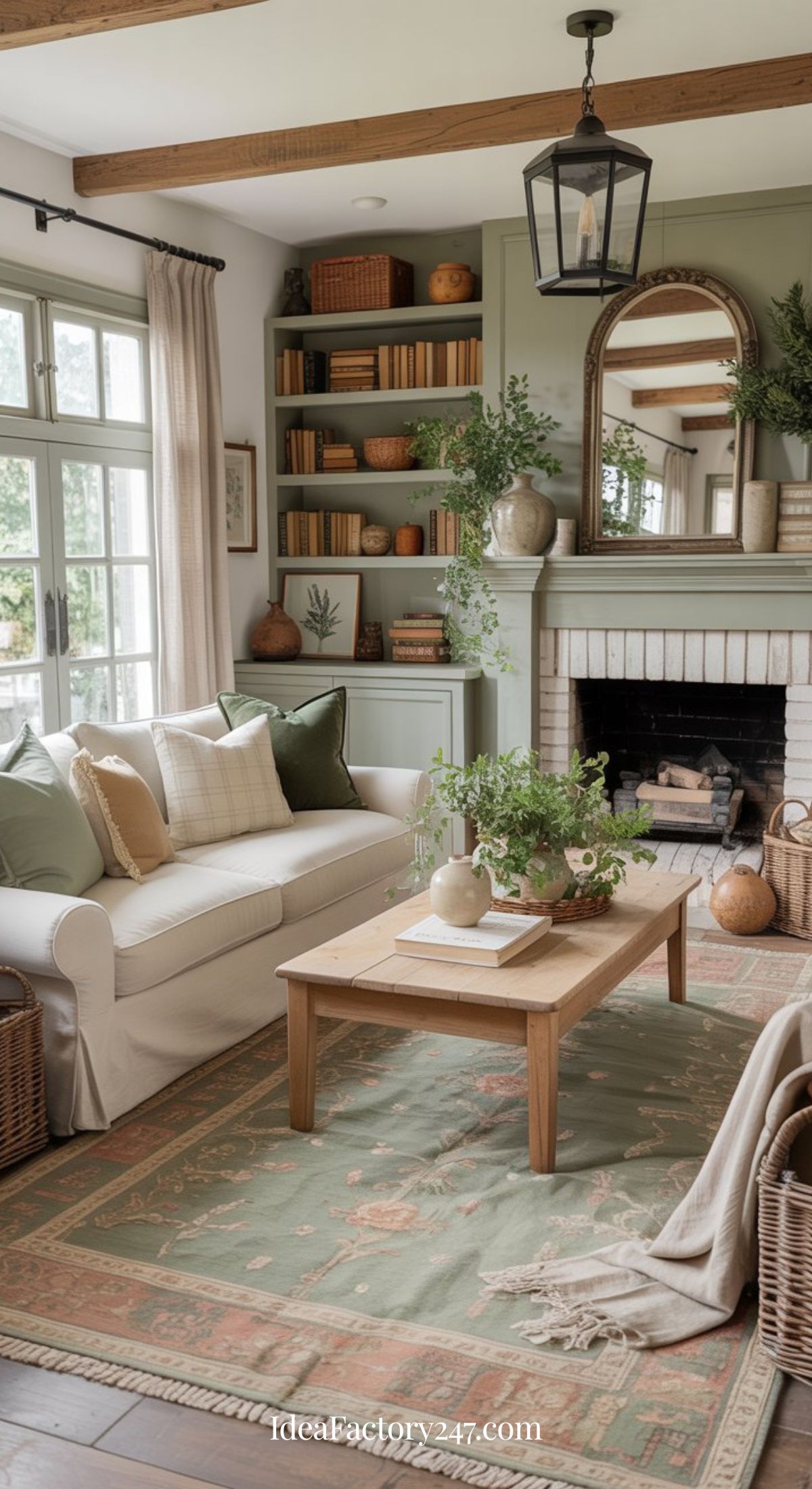 A cozy living room with a white sofa, wooden coffee table, green rug, fireplace, built-in shelves with books and decor, houseplants, and large windows letting in natural light.