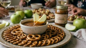 A plate with pretzels and apple slices surrounds a bowl of caramel dip, with apple slices dipped in the caramel. A jar of caramel and green apples are on the table, while people enjoy food and drinks in the background.