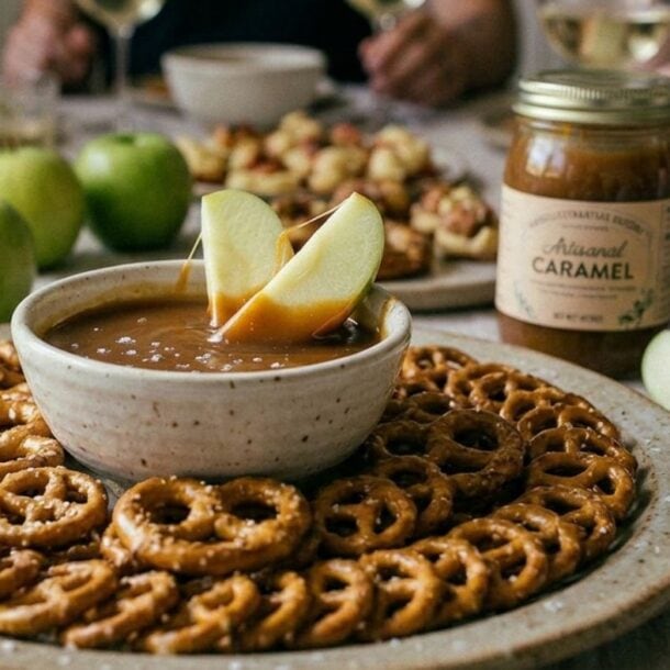 A plate with pretzels and apple slices surrounds a bowl of caramel dip, with apple slices dipped in the caramel. A jar of caramel and green apples are on the table, while people enjoy food and drinks in the background.