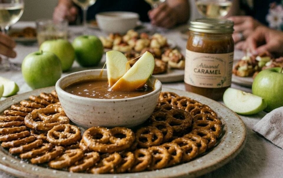 A plate with pretzels and apple slices surrounds a bowl of caramel dip, with apple slices dipped in the caramel. A jar of caramel and green apples are on the table, while people enjoy food and drinks in the background.