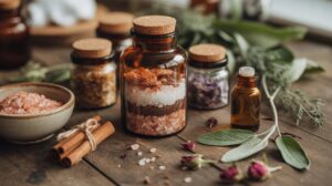 Amber glass jars filled with layered bath salts and dried herbs sit on a rustic wooden table, surrounded by small bottles, bowls of pink salt, cinnamon sticks, sage leaves, and dried rosebuds.