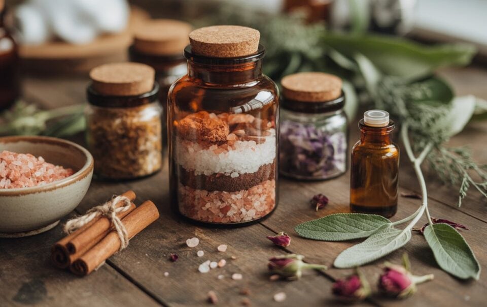 Amber glass jars filled with layered bath salts and dried herbs sit on a rustic wooden table, surrounded by small bottles, bowls of pink salt, cinnamon sticks, sage leaves, and dried rosebuds.