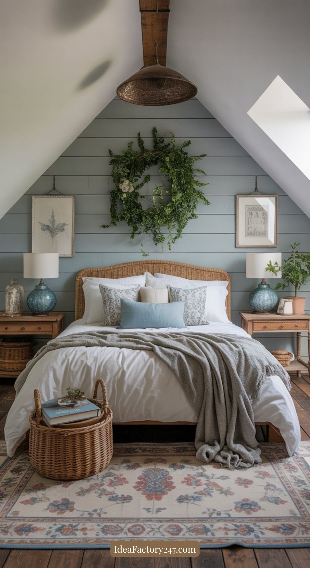 A cozy attic bedroom with a sloped ceiling, wicker bed, white bedding, blue-gray shiplap wall, two nightstands, lamps, greenery wreath above the bed, and a patterned rug on wooden floors. A basket with books sits at the foot of the bed.