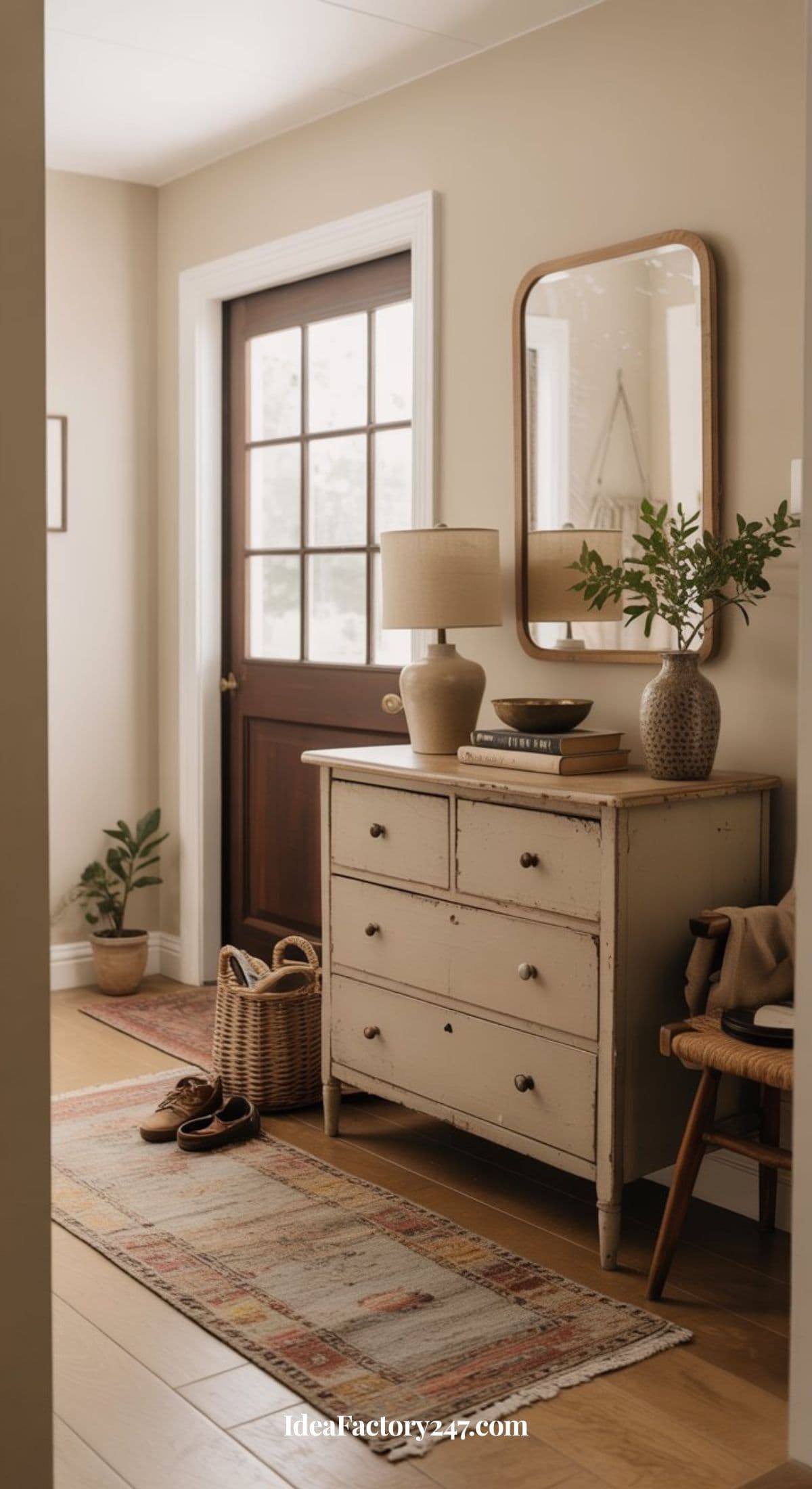 A cozy entryway with a wooden door, a mirror above a vintage white dresser, a lamp, vases, a basket with shoes, a small plant, and a patterned rug on a wooden floor.