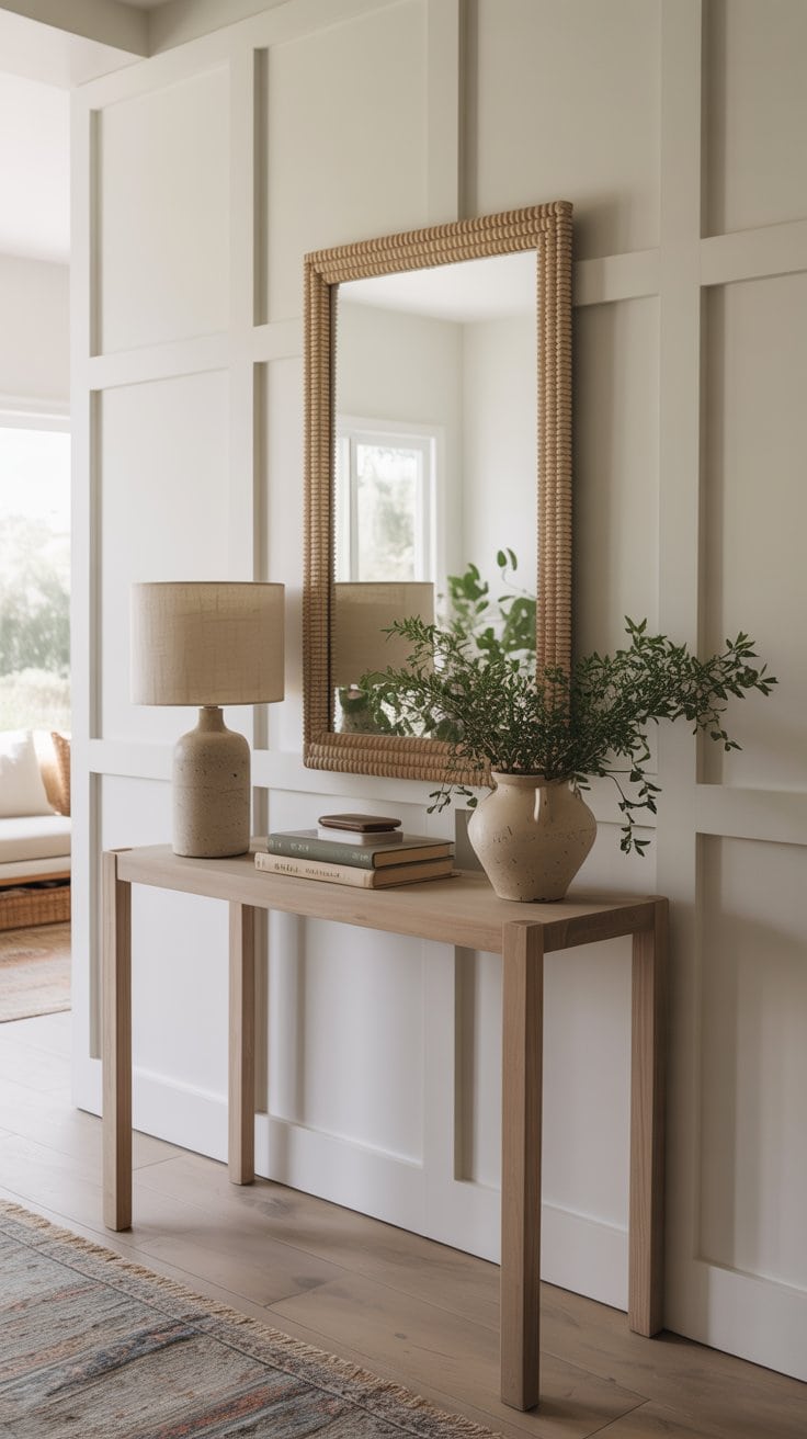 A minimalist entryway with a light wood console table, a beige lamp, a ceramic vase with green branches, stacked books, and a woven-framed mirror on a paneled wall. Natural light fills the space.