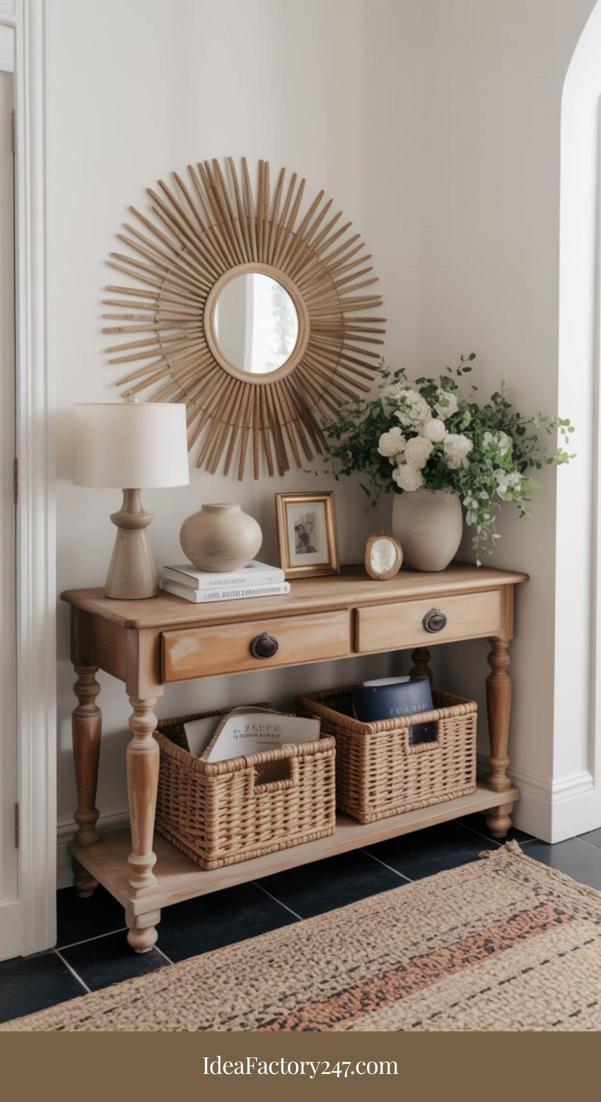 A wooden console table with drawers holds a lamp, ceramic vase, framed photo, and a large vase of white flowers. Two wicker baskets sit on the lower shelf. A round, sunburst mirror hangs above the table on a white wall.
