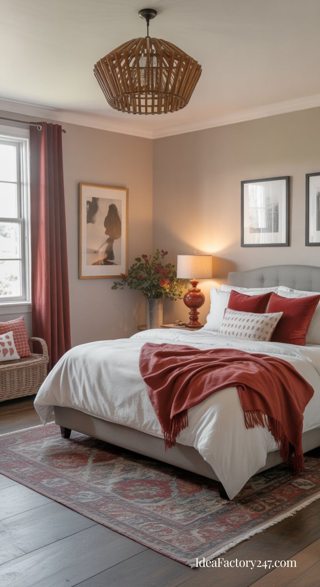 Cozy bedroom with a white bed, red throw and pillows, a wicker chair, framed art, a red table lamp, and a woven chandelier. Warm light and muted earth tones create a welcoming, stylish atmosphere.