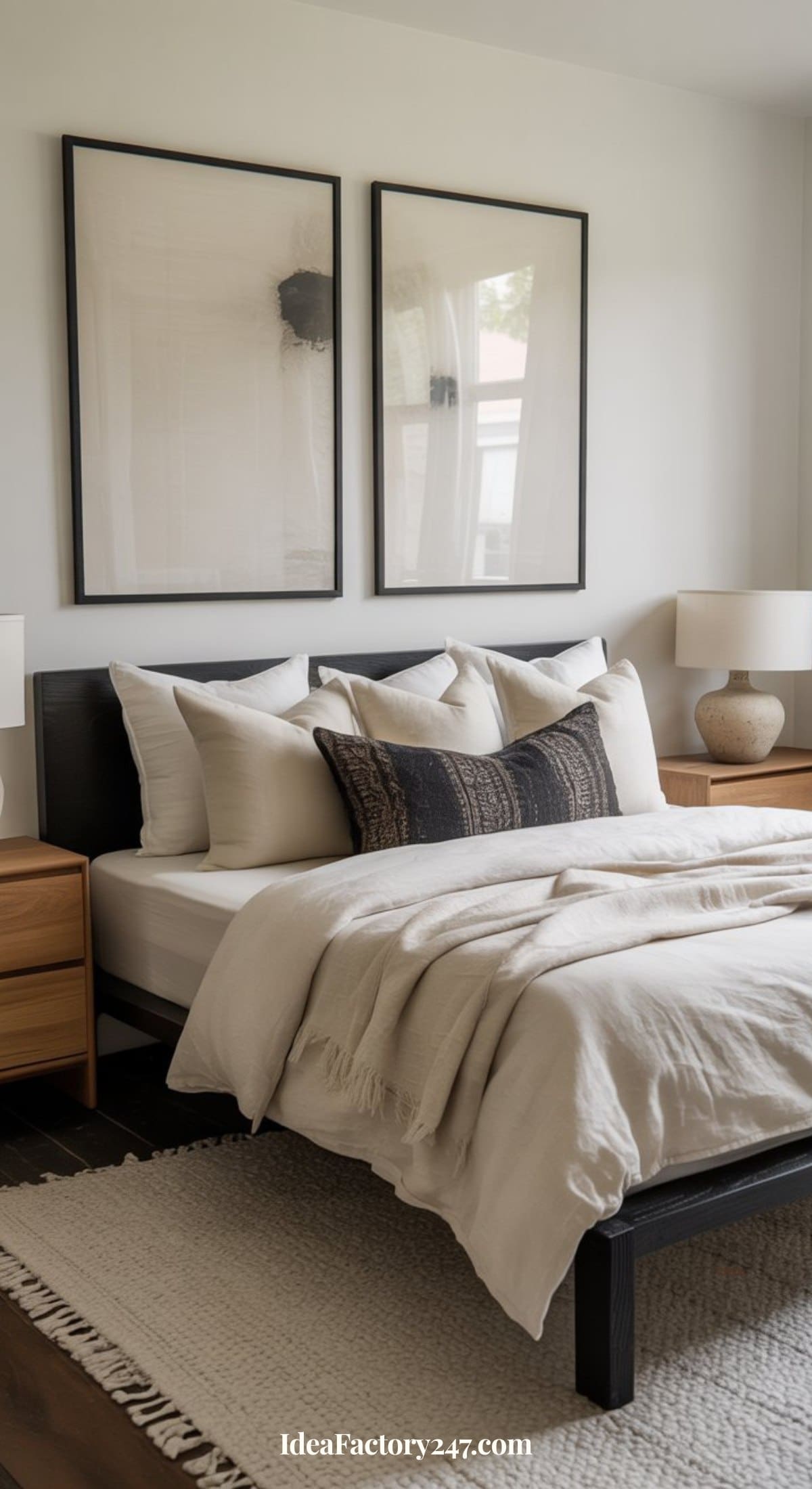 A modern, minimalist bedroom features a neatly made bed with neutral bedding, decorative pillows, two wooden nightstands with lamps, and abstract art in black frames above the bed. Sunlight filters in through a window.