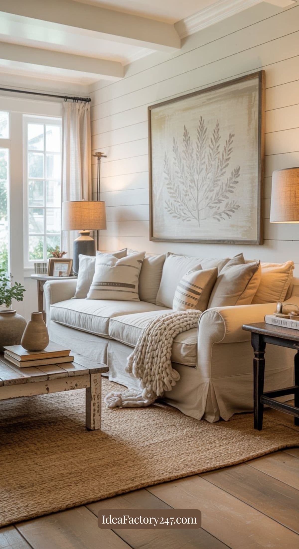 A cozy living room with a cream sofa, neutral throw blanket, rustic coffee table, jute rug, soft lighting, and large botanical wall art above the couch. Light streams in from tall windows with sheer curtains.