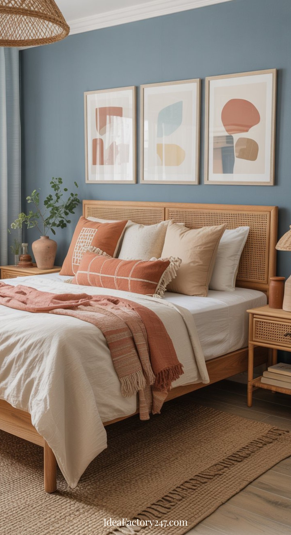 A cozy blue and terracotta bedroom featuring a wooden bed, beige and rust-colored pillows and blankets, blue wall, three abstract art pieces, a woven rug, and potted plants on the nightstand.