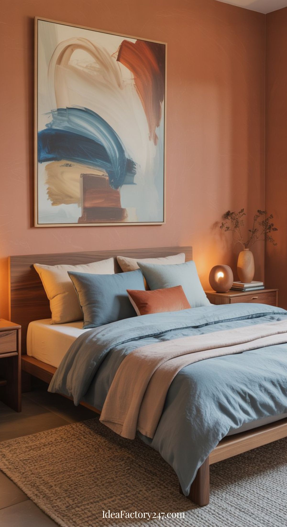 A modern blue and terracotta bedroom featuring a wooden bed frame, blue and beige bedding, a rust-colored accent pillow, warm lighting, a large abstract painting above the bed, and a small nightstand with decor.