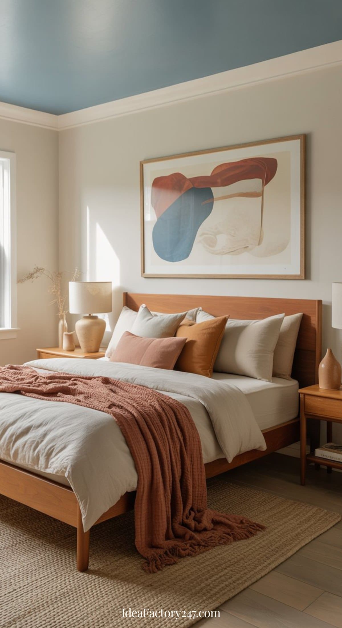 A modern blue and terracotta bedroom with a wooden bed, white and beige bedding, a rust-colored throw blanket, two bedside tables with lamps, neutral walls, a blue ceiling, and abstract artwork above the bed.