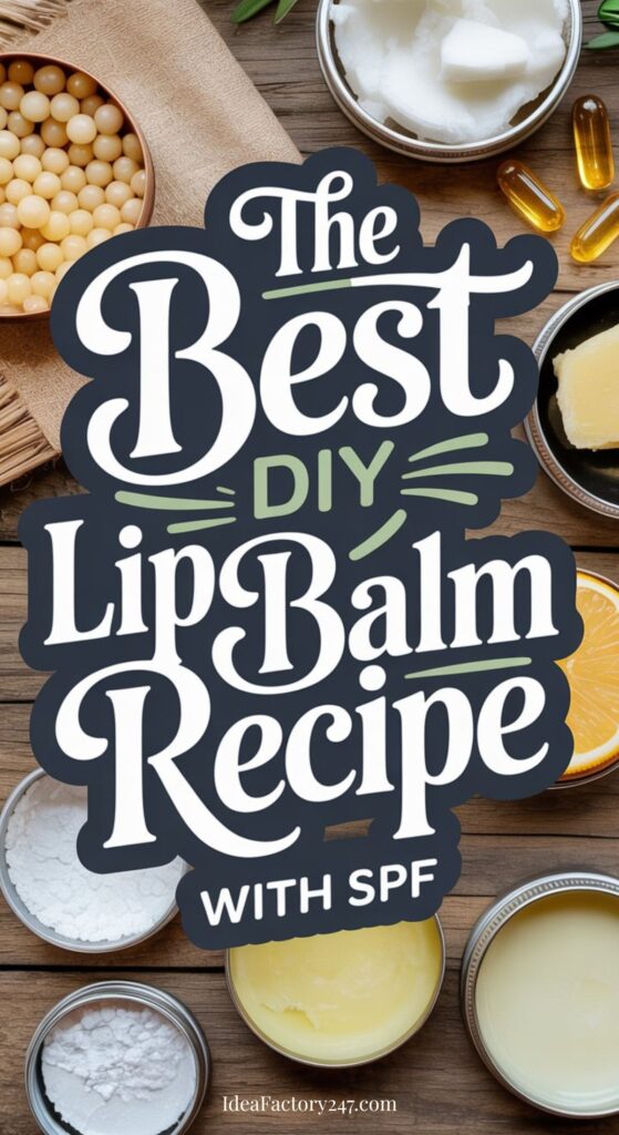 A flat lay of ingredients for homemade lip balm—including beeswax, shea butter, orange slice, and coconut oil—plus capsules and bold text overlay: The Best DIY SPF Lip Balm Recipe.