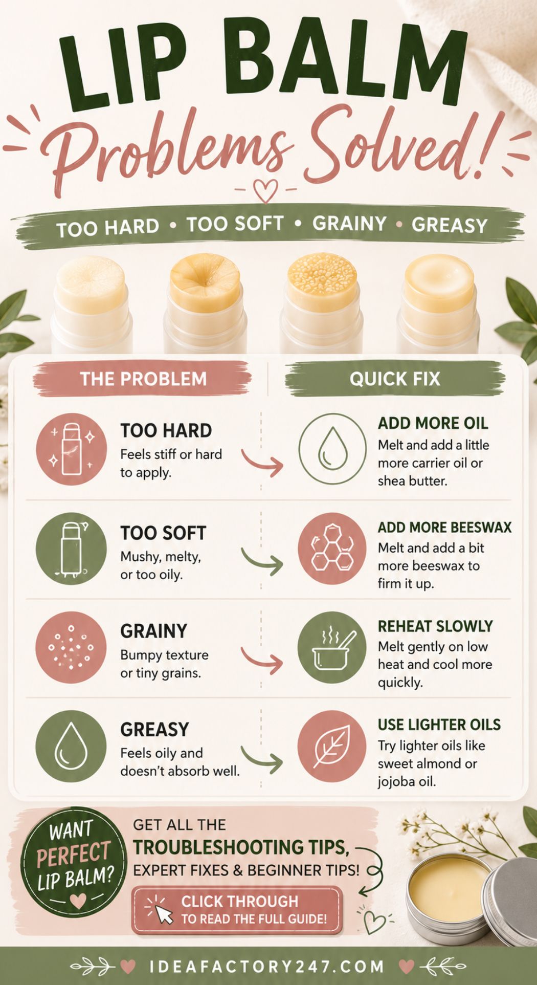 Infographic titled Lip Balm Problems Solved! features lip balm troubleshooting tips for those too hard, too soft, grainy, or greasy. Includes images of lip balm and icons for each fix, all decorated with leaves and pastel colors.