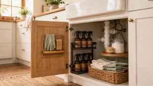 An organized kitchen cabinet under a sink showcases smart under kitchen sink organization with cleaning products, brushes, rubber gloves, a jar of powder, and neatly folded towels in a woven basket. The door holds mounted gloves, a towel, and a brush.
