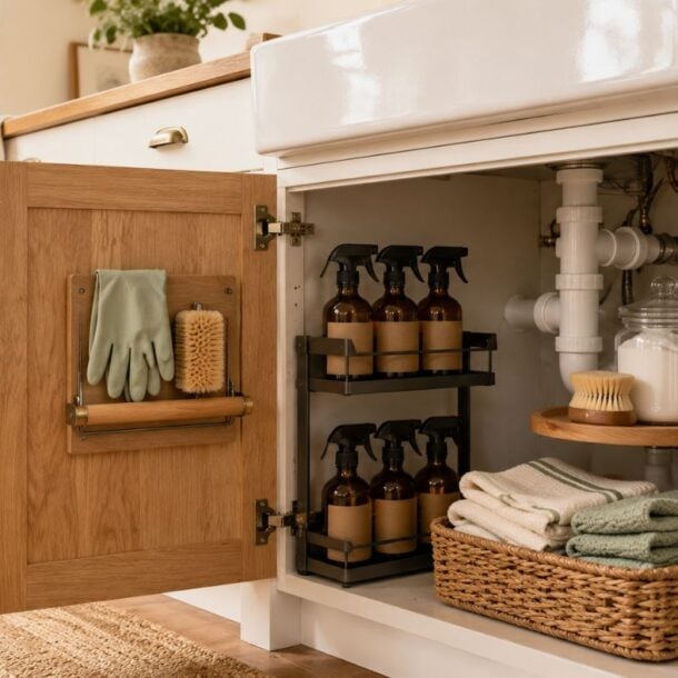 An organized kitchen cabinet under a sink showcases smart under kitchen sink organization with cleaning products, brushes, rubber gloves, a jar of powder, and neatly folded towels in a woven basket. The door holds mounted gloves, a towel, and a brush.