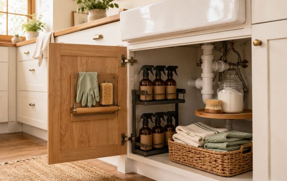 An organized kitchen cabinet under a sink showcases smart under kitchen sink organization with cleaning products, brushes, rubber gloves, a jar of powder, and neatly folded towels in a woven basket. The door holds mounted gloves, a towel, and a brush.
