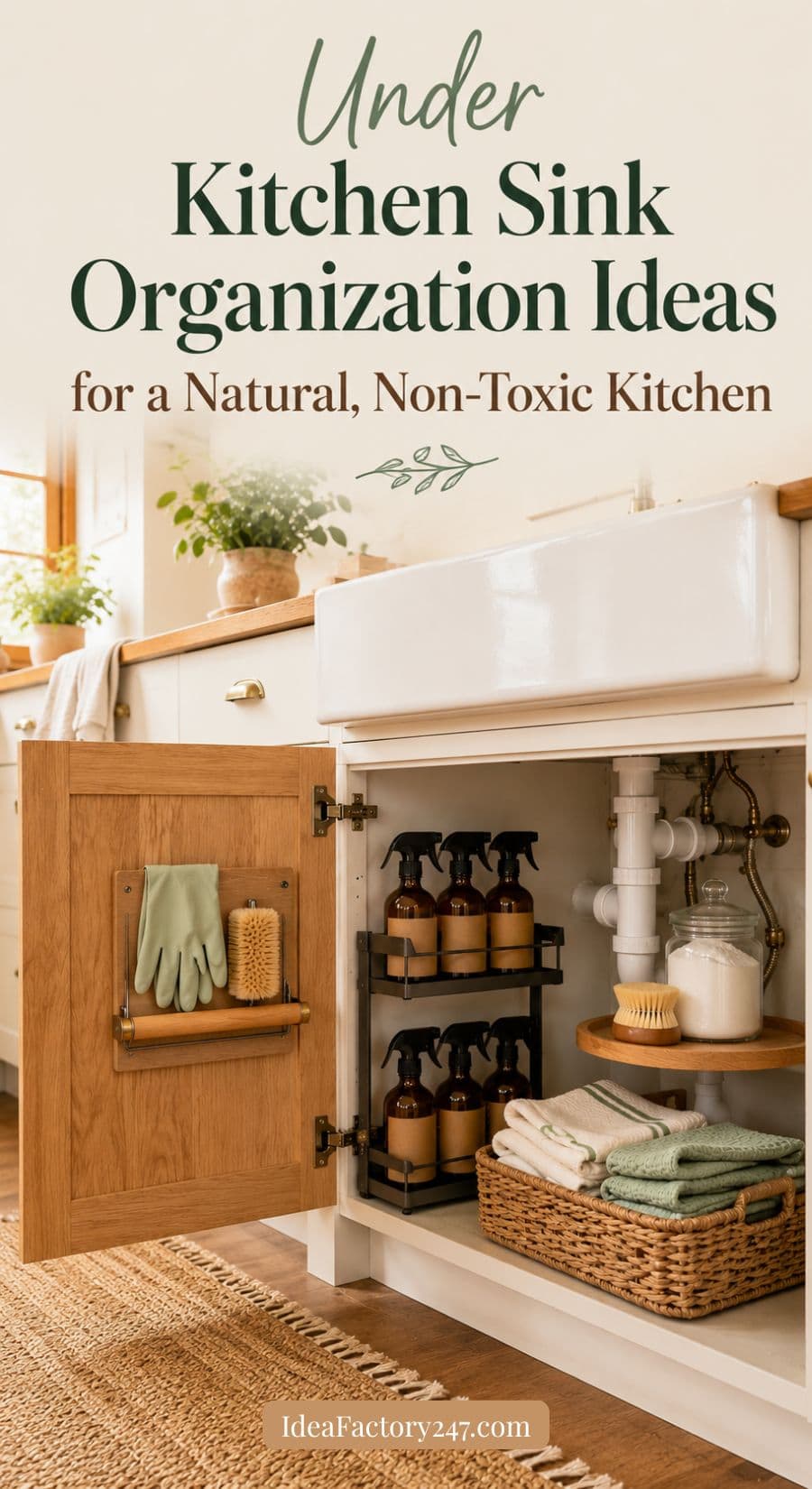A neatly organized kitchen sink area with wooden cabinets, eco-friendly cleaning supplies, baskets, gloves, and sponges showcases smart under kitchen sink organization for a tidy, natural, non-toxic kitchen space. Text reads: Kitchen Sink Organization Ideas.