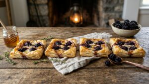 Four square Brie Puff Pastries rest on a rustic wooden table, with fresh blackberries, a bowl of honey, and a lit lantern in the background, creating a cozy, homemade atmosphere.