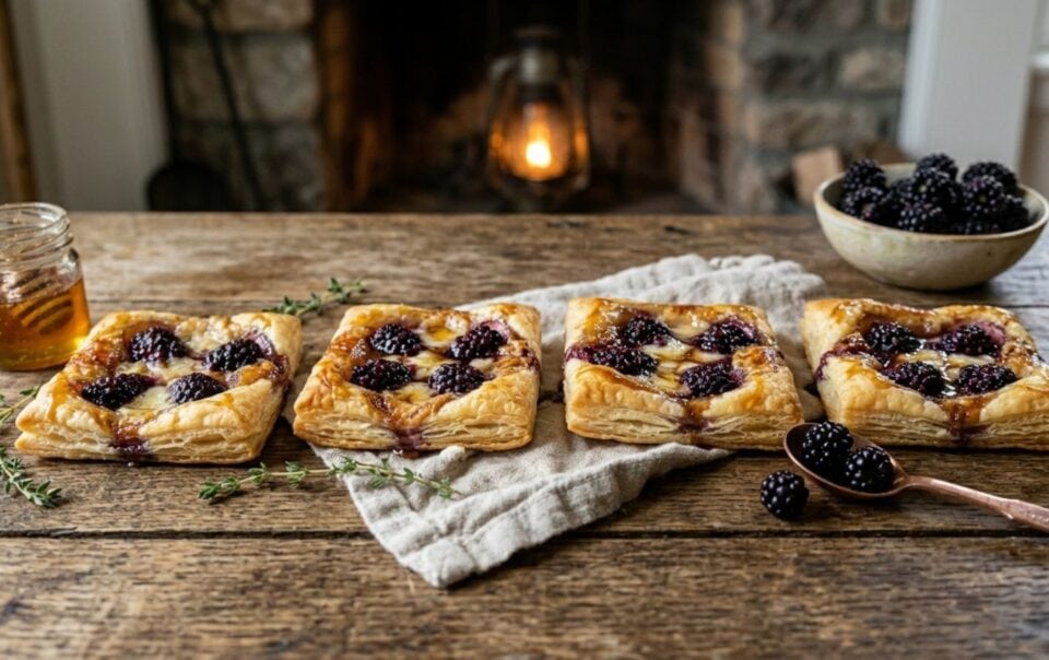 Four square Brie Puff Pastries rest on a rustic wooden table, with fresh blackberries, a bowl of honey, and a lit lantern in the background, creating a cozy, homemade atmosphere.